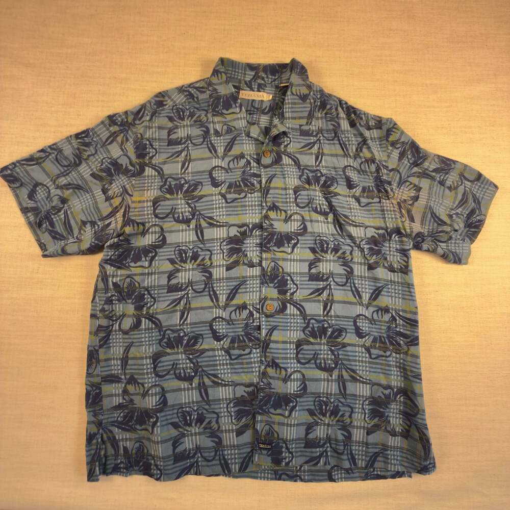 Tehama Men's 100% Silk Floral Plaid Short Sleeve Button Down Shirt Size XL